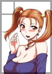  bare_shoulders blush breasts circle_cut cleavage commentary_request dragon_quest dragon_quest_viii female jessica_albert jewelry large_breasts looking_at_viewer necklace open_mouth orange_eyes orange_hair purple_shirt shirt solo st.germain-sal twintails 