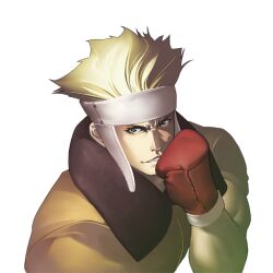  1boy blonde_hair blue_eyes boxing_gloves boxing_headgear fighting_stance justin_the_electric_thunder male_focus muscular official_art profile solo tomoyuki_kotani transparent_background yatagarasu_(game) 