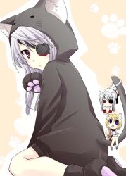  2girls animal_costume animal_hood bad_id bad_pixiv_id blonde_hair blue_hair cat_costume cat_hood charlotte_dunois chibi commentary_request eyepatch grey_hair hood infinite_stratos laura_bodewig multiple_girls paw_pose paw_print photoshop_(medium) red_eyes tail yamaki_suzu 