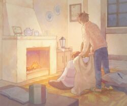  2boys ahoge axis_powers_hetalia blanket book brown_hair commentary_request covering_with_blanket cup denim fire fireplace from_behind indoors jeans leaning leaning_forward male_focus mug multiple_boys open_book pants photoshop_(medium) sleeping slippers southern_italy_(hetalia) spain_(hetalia) sweater table teapot window zukki_(suzukio) 