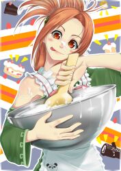  :p ahoge alternate_eye_color alternate_hairstyle apron bowl cake commentary_request cooking female folded_ponytail food hong_meiling mossari_poteto panda red_hair short_hair solo spatula tongue tongue_out touhou 