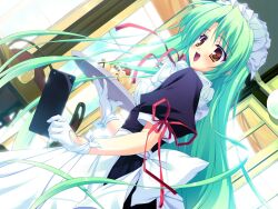  :d apron female game_cg gloves green_hair long_hair maid maid_headdress menu midorikawa_yuu munyuu open_mouth orange_eyes purely_(game) smile solo tray waitress white_gloves 