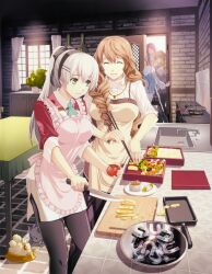  2boys 3girls apron ascot bento blurry braid brown_hair cecile_neues character_request chopsticks cooking depth_of_field egg_(food) eiyuu_densetsu elie_macdowell feline food frying_pan green_ascot grey_hair hair_over_shoulder half_updo imageboard_desourced kitchen lloyd_bannings lunchbox magnet multiple_boys multiple_girls non-web_source official_art pantyhose randolph_orlando scrambled_egg source_request tamagoyaki_pan tio_plato tomato yellow_eyes zero_no_kiseki 