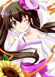  bad_id bad_pixiv_id brown_hair commentary_request dress elbow_gloves female flower gloves green_eyes huang_lingyin infinite_stratos long_hair one_eye_closed solo sunflower twintails wedding_dress yamaki_suzu 