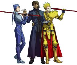  3boys armor blonde_hair blue_hair brown_eyes brown_hair cassock commentary_request cross cross_necklace cu_chulainn_(fate) cu_chulainn_(fate/stay_night) earrings fate/stay_night fate_(series) food gae_bolg_(fate) gilgamesh_(fate) hair_up jewelry kotomine_kirei long_hair male_focus mapo_tofu multiple_boys necklace photoshop_(medium) polearm ponytail red_eyes shaliva simple_background spear tileable weapon white_background 