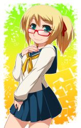  blonde_hair blush glasses gradient gradient_background green_eyes hair_ribbon hayashi_custom hayashi_kasutamu long_hair original ponytail ribbon school_uniform senjugiku_tabane skirt smile solo 