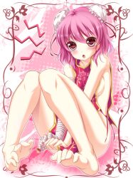  bare_legs bare_shoulders barefoot breasts bun_cover chinese_clothes colorized commentary_request covering_crotch covering_privates double_bun feet female hair_bun ibaraki_kasen looking_at_viewer naked_tabard no_bra no_panties noumin open_mouth pink_hair short_hair sideboob sitting small_breasts solo tabard toenails toes toron_(mino106) touhou 