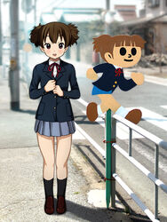  brown_eyes brown_hair commentary_request female k-on! photo_background photoshop_(medium) ryunnu sakuragaoka_high_school_uniform school_uniform short_hair short_twintails suzuki_jun tobidashi-bouya twintails 