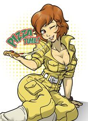  1girls april_o&#039;neil april_o&#039;neil_(tmnt_1987) belt blush breasts brown_eyes centinel303 cleavage clothed eating female female_only food footwear human jumpsuit large_breasts looking_at_viewer one_eye_closed outerwear pale_skin pinup pinup_pose pizza red_hair seductive sitting smile solo teenage_mutant_ninja_turtles tmnt_1987 unzipped unzipped_bodysuit wink wristwear 