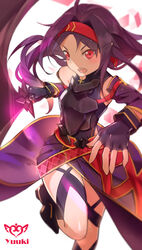  absurdres armor black_hair breastplate character_name commentary_request female fingerless_gloves gloves hairband highres holding holding_sword holding_weapon long_hair lu&quot; obsidian_slasher photoshop_(medium) pointy_ears red_eyes sword sword_art_online weapon yuuki_(sao) 