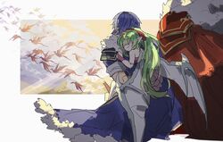  2boys bad_id bad_twitter_id blue_hair cape closed_eyes dragon female fire_emblem fire_emblem:_mystery_of_the_emblem fire_emblem_heroes green_eyes green_hair hardin_(dark_emperor)_(fire_emblem) hardin_(fire_emblem) long_hair marth_(fire_emblem) multiple_boys nonomori_(anst_nono) pointy_ears ponytail short_hair simple_background sleeping swimsuit tiara tiki_(fire_emblem) tiki_(young)_(fire_emblem) 