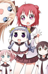  5girls akaza_akari black_eyes black_hair blonde_hair blue_eyes blue_hair chibi company_connection cosplay crossover dress funami_yui kannagi kanpachi multiple_girls nagi_(kannagi) nanamori_school_uniform pachi_(kanpachi) photoshop_(medium) pink_hair purple_eyes red_hair sailor_dress school_uniform serafuku toshinou_kyouko yoshikawa_chinatsu yuru_yuri yuuki_shin&#039;ichi 