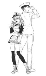  1boy admiral_(kancolle) commentary cross crossover female gekkan_shoujo_nozaki-kun gloves greyscale hat height_difference iron_cross kantai_collection monochrome nigou nozaki_umetarou ozawa_ari prinz_eugen_(kancolle) sakura_chiyo skirt thighhighs twintails voice_actor_connection 