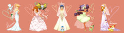  5girls alternate_costume axew bare_shoulders beautifly bouquet bridal_veil character_name commentary_request dawn_(pokemon) dress elbow_gloves fennekin flower gloves heart highres iris_(pokemon) kasumi_(pokemon) looking_at_viewer may_(pokemon) multiple_girls piplup pokemon pokemon_(anime) pokemon_(classic_anime) pokemon_(creature) pokemon_bw_(anime) pokemon_dppt_(anime) pokemon_rse_(anime) pokemon_xy_(anime) raku_(rairaku345) serena_(pokemon) smile togetic veil wedding_dress white_gloves 