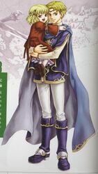  1boy blonde_hair brother_and_sister cape carrying dress female fire_emblem fire_emblem:_the_blazing_blade guinevere_(fire_emblem) holding lolicon official_art open_mouth red_dress scan short_hair siblings smile wada_sachiko zephiel_(fire_emblem) 