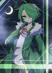  1boy ahoge akame_ga_kill! bad_id bad_pixiv_id coat crescent_moon gloves goggles goggles_on_head green_eyes green_hair hair_over_one_eye long_sleeves lubbock male_focus moon shiozarame sky solo star_(sky) starry_sky wire 