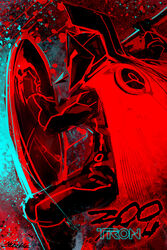  1boy 300_(movie) aspis cape commentary copyright_name disc_(tron) helmet hoplite kazeco leonidas_i male_focus neon_trim parody photoshop_(medium) polearm red_background red_theme shield solo spear tron tron:_legacy weapon 