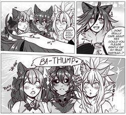  4girls animal_ears artist_request bare_shoulders bell black_hair black_sclera blush bow breasts burning_eyes cat_ears cheshire_cat_(monster_girl_encyclopedia) collar disembodied_limb dog_ears english fur grey_skin hairbow hellhound large_breasts long_hair manticore_(monster_girl_encyclopedia) monster_girl monster_girl_encyclopedia multicolored_hair multiple_girls open_mouth petting raijuu_(monster_girl_encyclopedia) smile tail two-tone_hair 