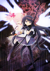  2girls akemi_homura akemi_homura_(magical_girl) angel_wings arrow_(projectile) bow bow_(weapon) closed_eyes commentary_request hair_ribbon hug hug_from_behind kaname_madoka kaname_madoka_(magical_girl) long_hair magical_girl mahou_shoujo_madoka_magica mahou_shoujo_madoka_magica_(anime) multiple_girls pantyhose ribbon spoilers ten_(kisako) transparent weapon wings 