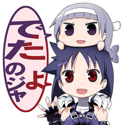  2girls blue_hair chibi creator_connection crossover fingerless_gloves gloves kannagi kanpachi momoe_scythe multiple_girls nagi_(kannagi) on_head pachi_(kanpachi) photoshop_(medium) purple_eyes red_eyes shared_speech_bubble shinigami_momoe short_hair speech_bubble translated yuuki_shin&#039;ichi 