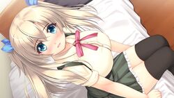  absurdres bed black_legwear blonde_hair blue_eyes blush breasts female game_cg hair_ribbon highres huge_breasts legs long_hair looking_at_viewer moric pillow ribbon school_uniform sitting skirt solo thighs twintails wanraba_vol.1:_maiai 