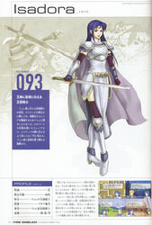  armor armored_boots armored_dress boots cape female fingerless_gloves fire_emblem fire_emblem:_the_blazing_blade gloves harken_(fire_emblem) highres holding isadora_(fire_emblem) lowen_(fire_emblem) official_art renault_(fire_emblem) scan smile sword thighhighs wada_sachiko weapon 