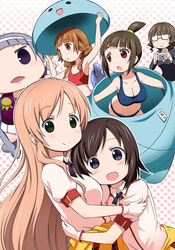  6+girls black_hair blue_eyes blue_sports_bra brown_hair camera chibi costume crossover futsuu_no_joshikousei_ga_locodol_yattemita glasses green_eyes kannagi kanpachi kohinata_yukari long_hair mikoze_yui multiple_girls nagi_(kannagi) nazukari_mirai nishifukai_saori pachi_(kanpachi) photoshop_(medium) purple_eyes red_eyes sports_bra sportswear uogokoro-kun usami_nanako yuuki_shin&#039;ichi 