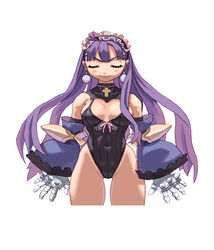  :3 ahoge blush breasts cleavage closed_eyes cross dark_eclair detached_sleeves earrings eclair_(la_pucelle) elbow_gloves female gloves headdress highleg highleg_leotard jewelry la_pucelle leotard long_hair medium_breasts official_art purple_hair ryoji_(nomura_ryouji) smile solo thighs 