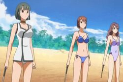  6+girls agent_aika aika_r-16 animated animated bare_legs beach bikini breasts brown_eyes brown_hair character_request female large_breasts long_hair looking_at_viewer multiple_girls risako_nagisa shiny_skin short_hair sky smile standing swimsuit talking thong walking weapon 