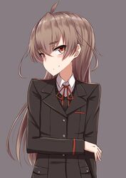  ahoge black_jacket blush brown_eyes brown_hair closed_mouth collared_shirt commentary_request female grey_background hair_between_eyes highres jacket long_hair long_sleeves miyako_(yakob_labo) original school_uniform shirt simple_background smile solo sweater_vest very_long_hair white_shirt yakob_labo 