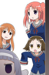  4girls blue_eyes blue_hair brown_eyes brown_hair company_connection crossover kannagi kanpachi long_sleeves mikakunin_de_shinkoukei mitsumine_mashiro multiple_girls nagi_(kannagi) oversized_clothes pachi_(kanpachi) photoshop_(medium) purple_eyes red_hair school_uniform sleeves_past_fingers sleeves_past_wrists two_side_up very_long_sleeves yonomori_benio yonomori_kobeni yuuki_shin&#039;ichi 