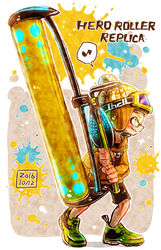  1boy bad_id bad_pixiv_id black_shorts bobblehat dated eighth_note english_text from_side full_body goggles goggles_on_head green_footwear harutarou_(orion_3boshi) hat hero_roller_(splatoon) holding holding_weapon hood hoodie ink_tank_(splatoon) inkling inkling_boy inkling_player_character jacket long_sleeves male_focus musical_note orange_hat orange_jacket paint_splatter shoes shorts ski_goggles sneakers solo splatoon_(series) splatoon_1 spoken_musical_note standing weapon 