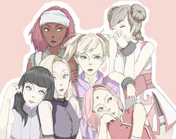  6+girls 7ae bad_hands black_hair blonde_hair blue_eyes dark-skinned_female dark_skin double_bun facial_mark forehead_mark green_eyes group_picture hair_bun head_rest highres hyuuga_hinata ino_yamanaka karui_(naruto) laughing long_hair md5_mismatch multiple_girls naruto:_the_last naruto_(series) naruto_shippuuden photoshop_(medium) purple_eyes red_hair sakura_haruno short_twintails temari_(naruto) tenten_(naruto) twintails yellow_eyes 