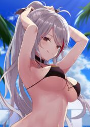  :q anchor_symbol antenna_hair armpits arms_up azur_lane bikini black_bikini black_choker blue_sky blurry blurry_background blush breasts brown_eyes choker cloud commentary cross day female grey_hair hair_between_eyes highres huuyu_1z iron_cross large_breasts long_hair looking_at_viewer mole mole_on_breast multicolored_hair official_alternate_costume outdoors palm_tree ponytail prinz_eugen_(azur_lane) prinz_eugen_(unfading_smile)_(azur_lane) red_hair ribbon sideboob sidelocks sky smile solo streaked_hair swimsuit tongue tongue_out tree tying_hair underboob upper_body very_long_hair wet 