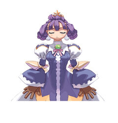  armor armored_dress braid closed_eyes crown dress earrings eclair_(la_pucelle) female gloves hat jewelry la_pucelle long_sleeves official_art purple_hair ryoji_(nomura_ryouji) simple_background solo 