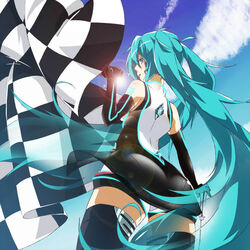  aqua_eyes aqua_hair bare_shoulders checkered_flag elbow_gloves female flag from_behind from_below gloves goodsmile_company goodsmile_racing gor2 hatsune_miku jpeg_artifacts lens_flare lips long_hair looking_back panties race_queen racing_miku racing_miku_(2011) see-through smile solo sun thighhighs twintails underwear very_long_hair vocaloid wind 