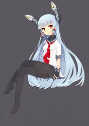  bad_id bad_pixiv_id black_gloves black_pantyhose blue_hair blunt_bangs crossed_legs dress female fingerless_gloves gloves grey_background hair_ribbon headgear hukasikasi kantai_collection long_hair looking_at_viewer murakumo_(kancolle) necktie no_shoes orange_eyes pantyhose red_necktie ribbon sailor_dress sidelocks sitting solo thighband_pantyhose very_long_hair 