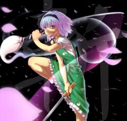  black_hairband blue_eyes commentary_request dual_wielding female ghost glowing glowing_eyes grey_hair grin hairband highres hitodama holding katana konpaku_youmu konpaku_youmu_(ghost) leg_up mossari_poteto sharp_teeth short_hair smile solo sword tassel teeth touhou vest weapon 