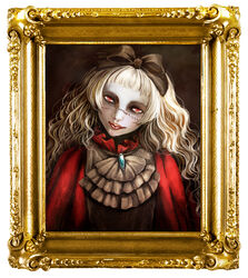  blonde_hair bow commentary_request dress female framed hairbow head_tilt original picture_frame portrait_(object) red_eyes rinko_(mg54) solo stitches upper_body wavy_hair 