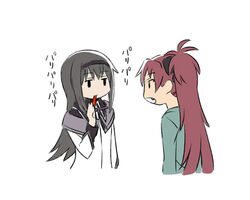  2girls akemi_homura akemi_homura_(magical_girl) black_hair blank_stare bow casual chili_pepper commentary_request eating expressionless habanero_pepper hairband hairbow hood hoodie jitome korean_commentary long_hair magical_girl mahou_shoujo_madoka_magica mahou_shoujo_madoka_magica_(anime) multiple_girls oda_takayuki oerba_yun_fang open_mouth ponytail red_hair sakura_kyoko simple_background white_background 