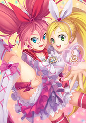  2girls bad_id bad_pixiv_id blonde_hair blue_eyes boots bow brooch carrying choker cure_melody cure_rhythm frills green_eyes heart houjou_hibiki jewelry knee_boots long_hair looking_at_viewer magical_girl majicjiang midriff minamino_kanade multiple_girls photoshop_(medium) pink_bow pink_choker pink_hair pink_wrist_cuffs precure princess_carry ribbon smile suite_precure thighhighs treble_clef twintails wrist_cuffs 