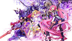  4girls 6+boys :d angel_wings armband blonde_hair blue_hair bracelet breasts dark_skin dies_irae dies_irae_pantheon double-blade expressionless extra_arms feathered_wings flower formal fujii_ren g_yuusuke grin hajun hat highres hirume_(dies_irae_pantheon) jewelry kajiri_kamui_kagura lance long_hair marie_(dies_irae) mercurius_(dies_irae) mithra_(dies_irae) multiple_boys multiple_girls muzan nerose_satanel official_art open_mouth over_shoulder paradise_lost pink_hair polearm puffy_sleeves purple_hair red_hair reinhard_heydrich_(dies_irae) serious shinza_bansho_series smile spear suit sword sword_over_shoulder thighhighs third_eye underboob uniform very_long_hair weapon weapon_over_shoulder white_background white_hair wings yomi_(dies_irae_pantheon) 