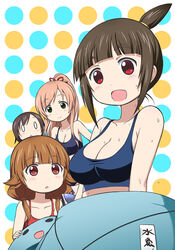  0_0 4girls black_hair breasts brown_hair cleavage costume futsuu_no_joshikousei_ga_locodol_yattemita green_eyes kohinata_yukari medium_breasts mikoze_yui multiple_girls nazukari_mirai photoshop_(medium) red_eyes sports_bra sweat uogokoro-kun usami_nanako yuuki_shin&#039;ichi 