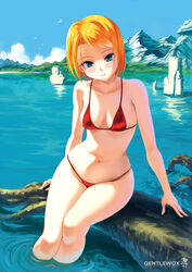  absurdres bikini blonde_hair blue_eyes blush collarbone commentary_request day female highres mountain nature navel original outdoors photoshop_(medium) red_bikini short_hair sitting smile solo stomach swimsuit water wolksheep 