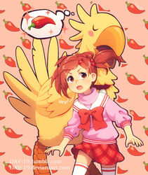  :o asymmetrical_bangs blush_stickers brown_eyes brown_hair chili_pepper chobi chocobo closed_eyes commentary dav-19 english_commentary english_text female final_fantasy final_fantasy_unlimited food-themed_background hair_bobbles hair_ornament hayakawa_ai long_sleeves miniskirt photoshop_(medium) pink_background plaid plaid_skirt sailor_collar short_hair signature skirt spoken_food standing thighhighs thought_bubble tied_hair v-shaped_eyebrows watermark web_address zettai_ryouiki 