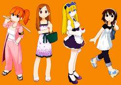  4girls :o animal_ears armband bag bokken bow commentary_request delinquent fish gloves hairbow headband headphones headphones_around_neck hen_zemi high_heels katou_anna maid makiko_gregory matsutaka_nanako mizukoshi_miwako multiple_girls orange_background panda_ears ponytail sleeves_rolled_up strappy_heels sword tagro weapon wooden_sword 