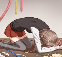  ahoge all_fours broken brown_hair cake commentary_request female food fork grey_thighhighs indoors long_hair long_sleeves miyako_(yakob_labo) no_shoes on_floor original plate pleated_skirt prostration red_skirt school_uniform shirt skirt solo sweater_vest thighhighs white_shirt yakob_labo 