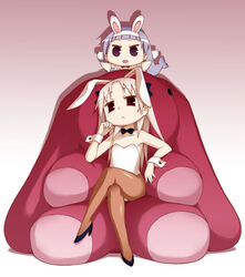  2girls animal_ears blue_hair bow bowtie chibi chiro-chan creator_connection crossed_legs kannagi kanpachi multiple_girls nagi_(kannagi) oversized_object pachi_(kanpachi) pantyhose photoshop_(medium) playboy_bunny purple_eyes rabbit_ears red_eyes sitting stuffed_animal stuffed_rabbit stuffed_toy white_hair wrist_cuffs yachimata_chiroe yuuki_shin&#039;ichi 