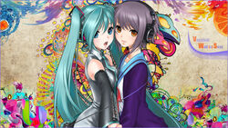  2girls aqua_hair blue_eyes blue_hair brown_eyes crossover detached_sleeves duo female hand_holding hatsune_miku headphones headset highres holding long_hair multiple_girls nagato_yuki necktie open_mouth purple_hair sano_toshihide school_uniform short_hair smile stand standing suzumiya_haruhi_no_yuuutsu twintails vocaloid yellow_eyes 