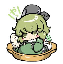  :&gt; blush_stickers commentary_request dress edowan female food ghost_tail green_eyes green_hair hat highres japanese_clothes pot short_hair sitting smile soga_no_tojiko solo tate_eboshi touhou vegetable 